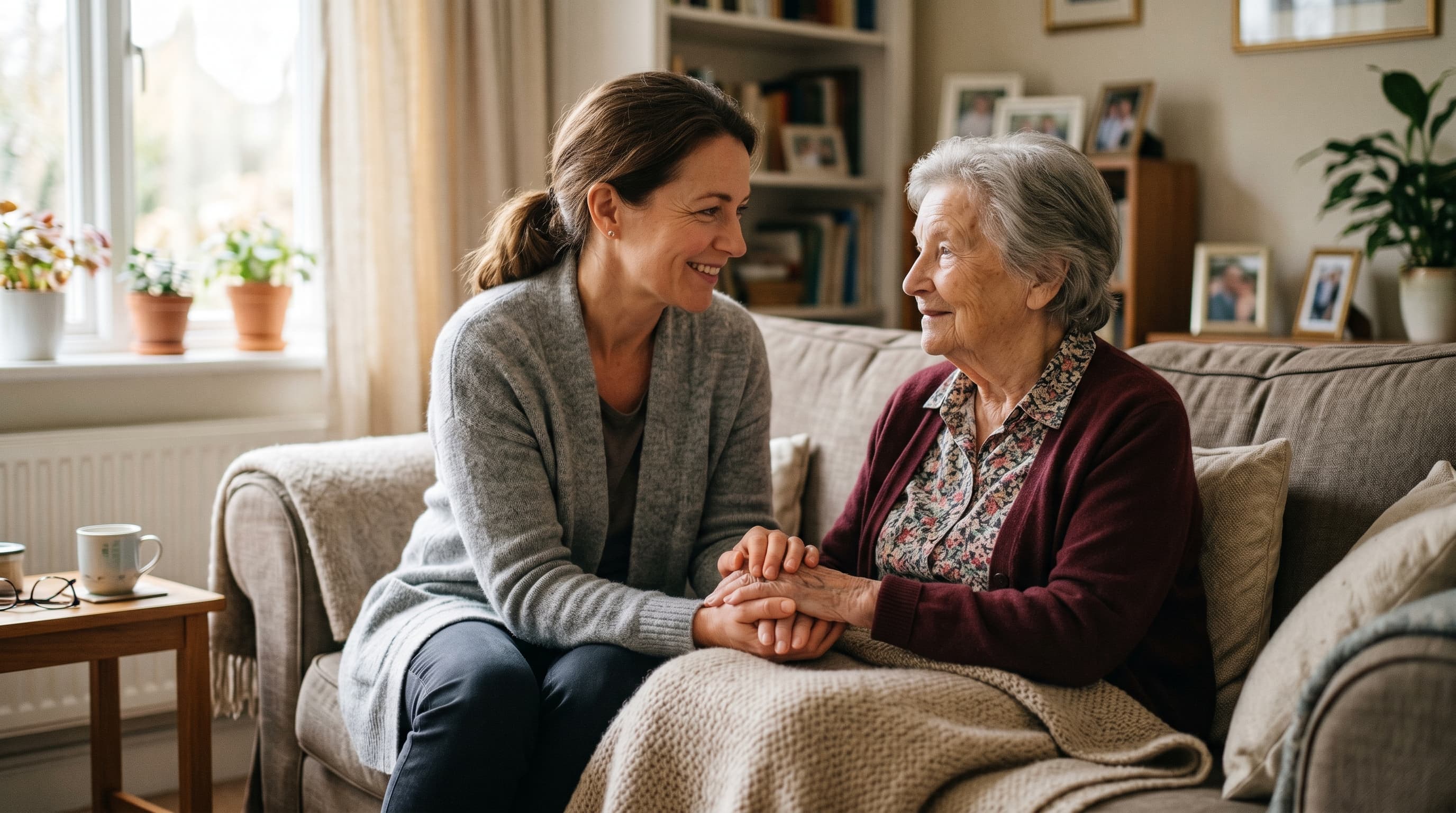 Elderly resident happy with their caregiver at home